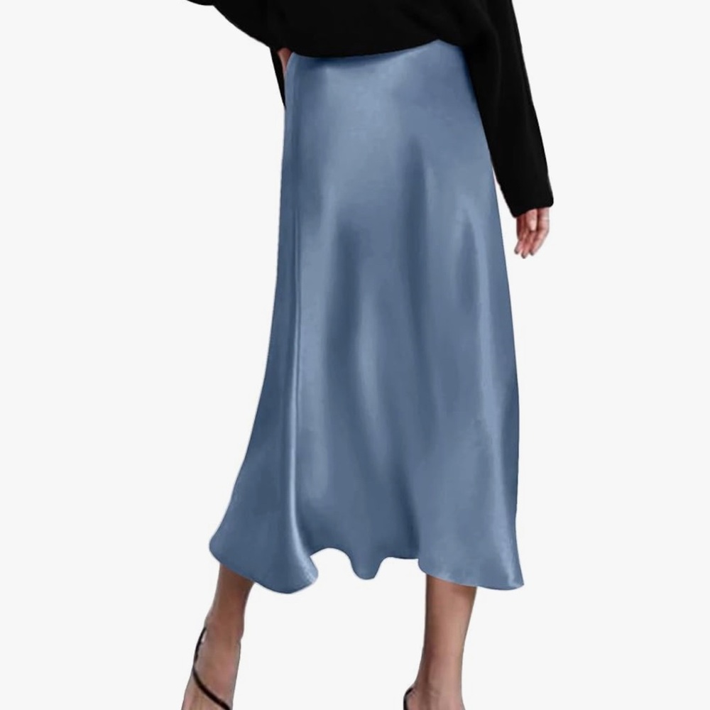 Elegant Blue Satin Midi Skirt